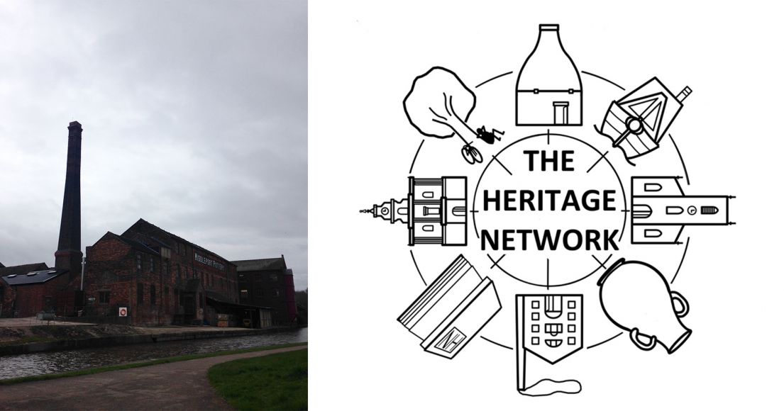 Two images. The left a brown brick building with a chimney next to a river and the other the logo of 'The Heritage Network'.