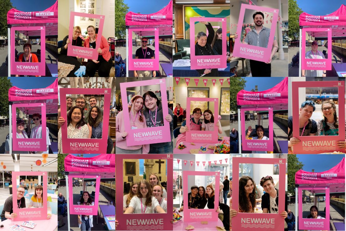 A collage of eighteen photos showing people posing inside pink New Wave selfie frames.