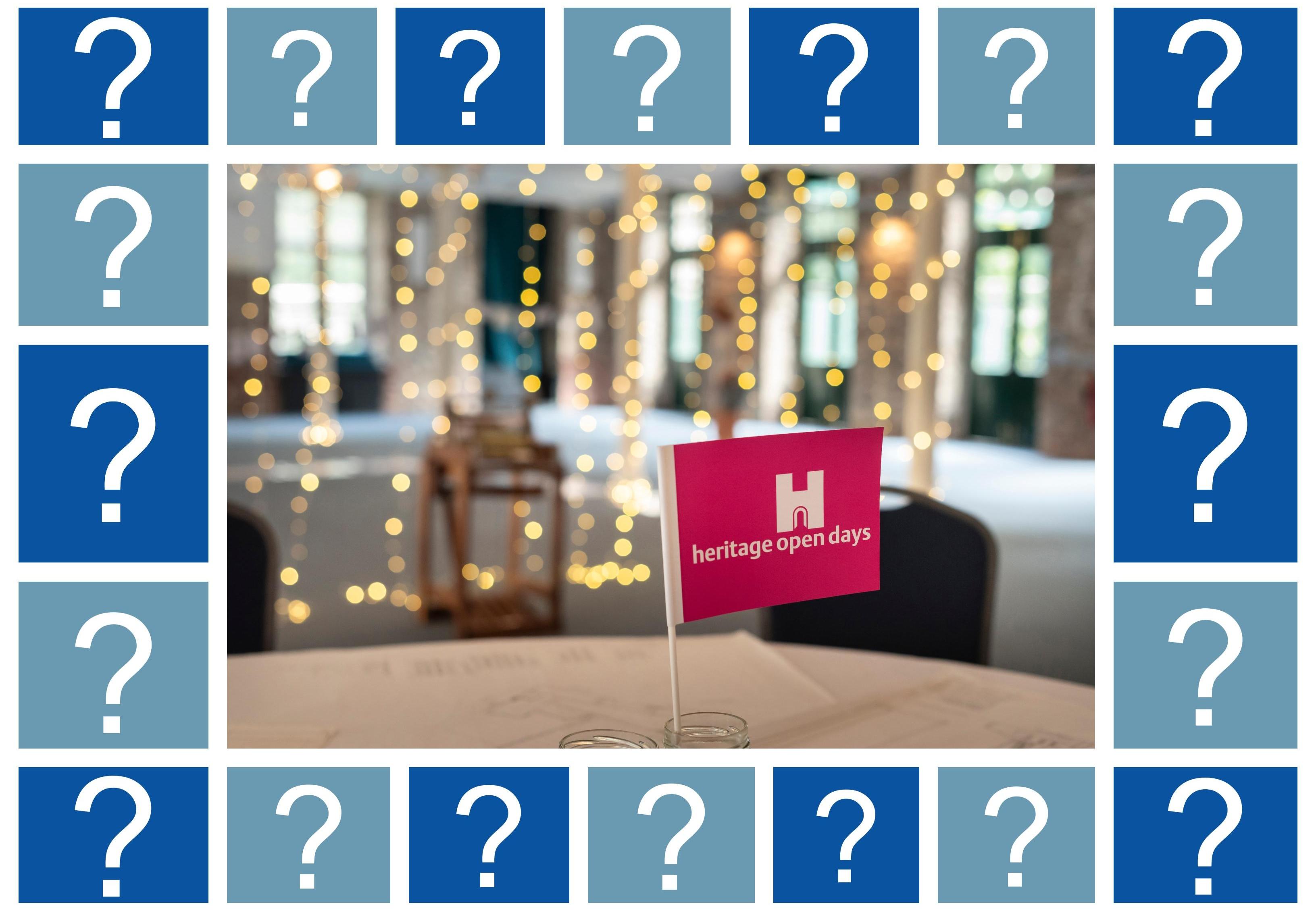 Photo of pink hand waving flag on a table in a room lit by fairy lights. Surrounded by graphics of question marks.