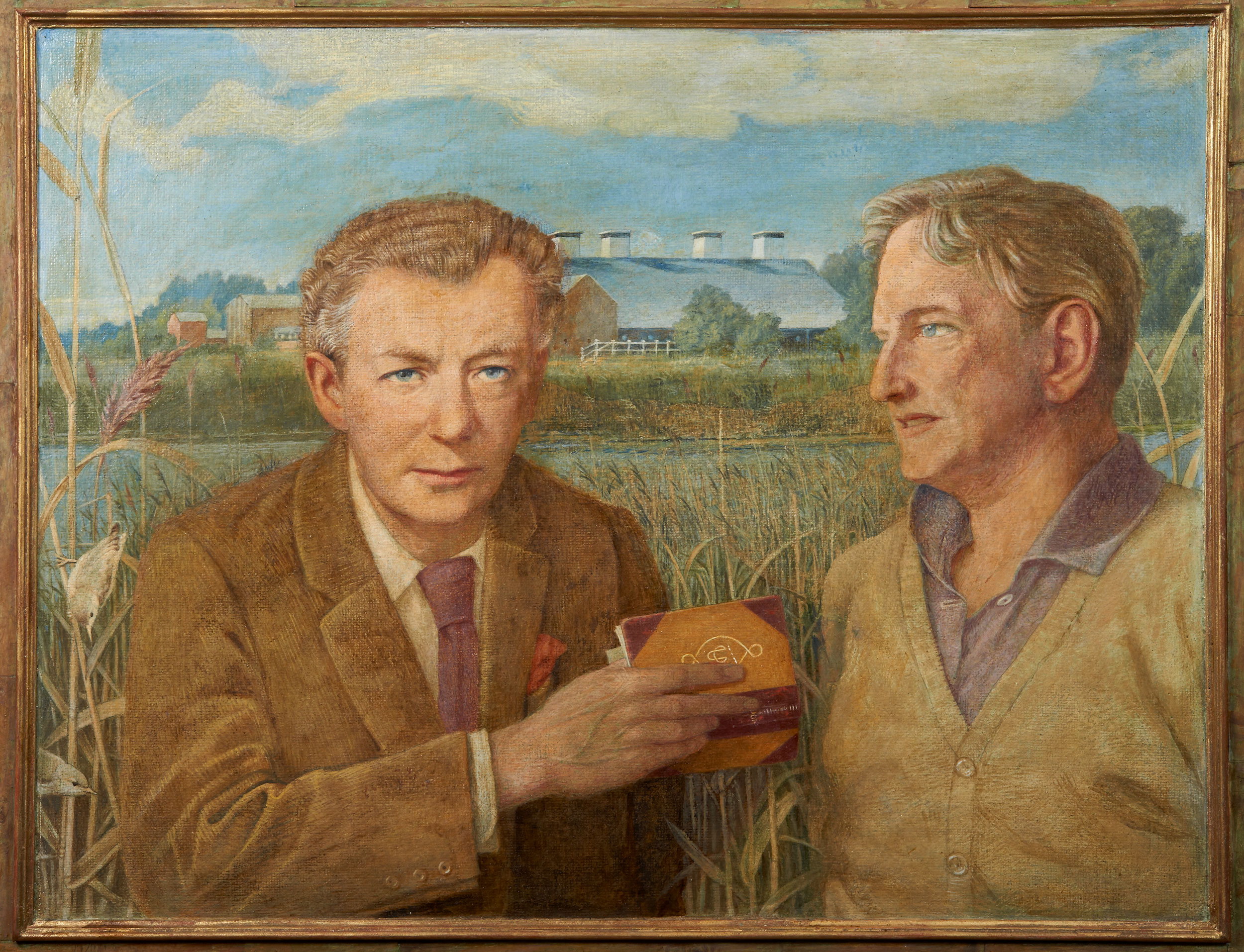 Painting of two men against a river reeds background and a building on the far bank.