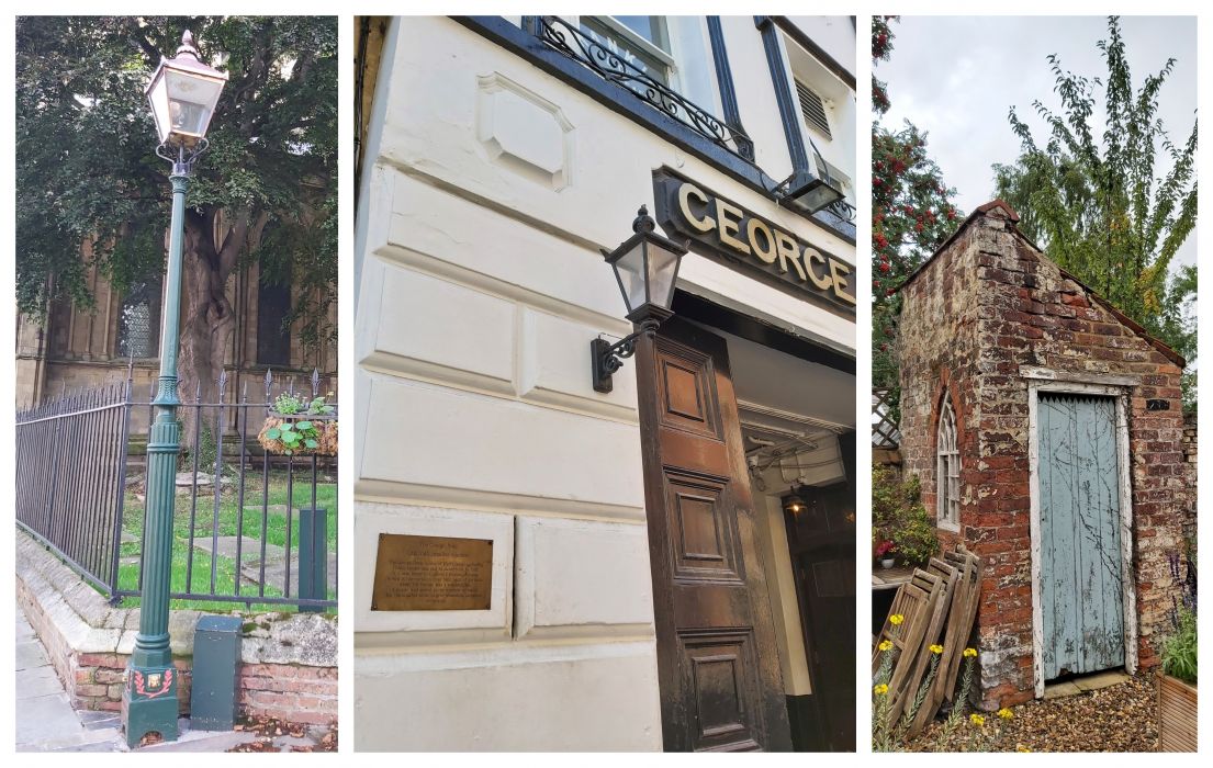 Three images. (1) A green gas lamp post. (2) A gas door light. (3) A small bricked building with a blue wooden door.