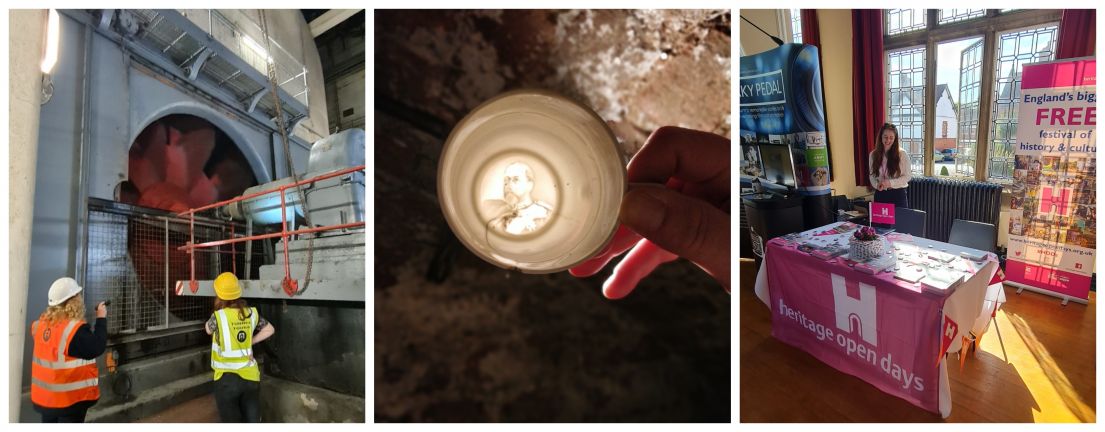 3 Images (1) Two women in hi-vis jackets looking up at a massive turbo fan. (2) A bottom of a mug embossed with Edward VII. (3) A lady at a HODs stall