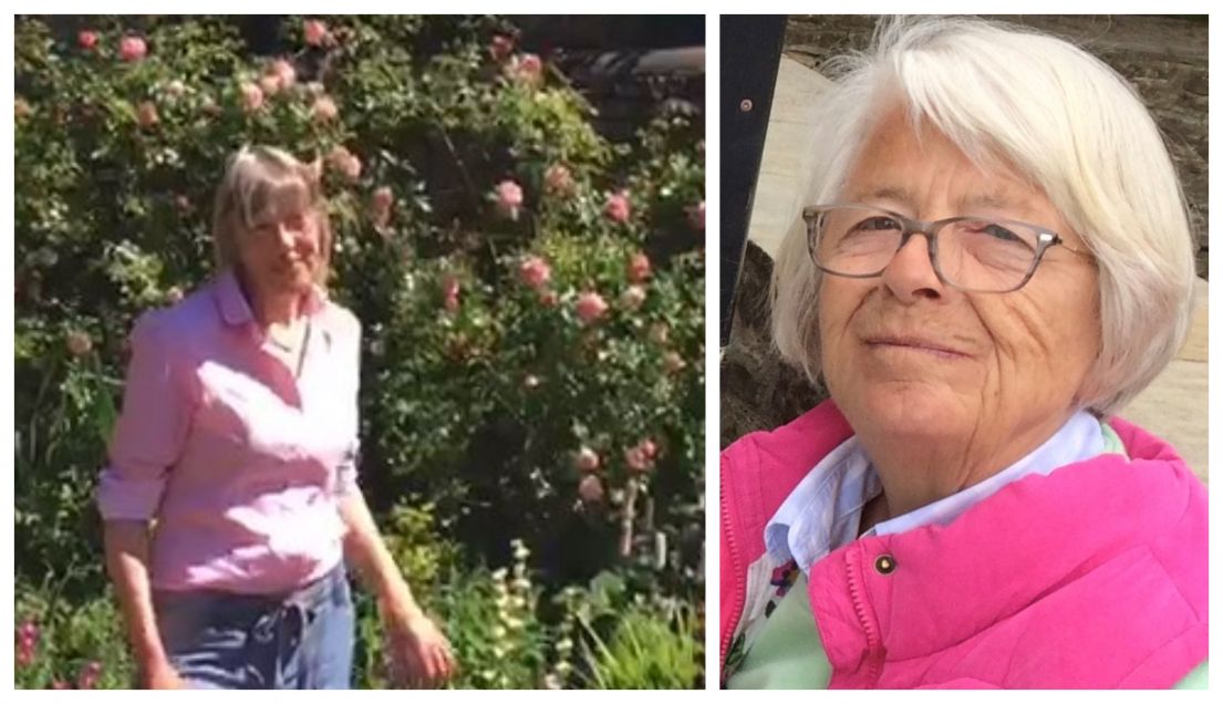 Two women - The left a women in a light pink shirt, shading in an orchard. The women on the right has a short grey bob, green jumper and pink gilet. 