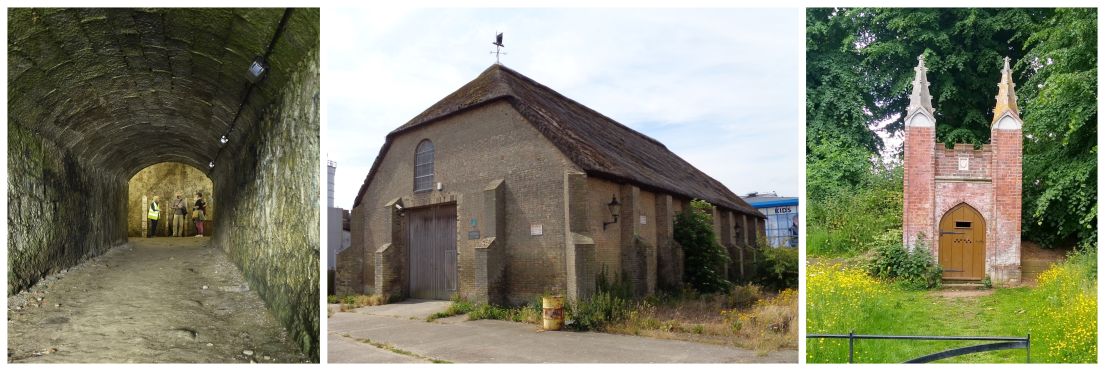 Image strip: 1. Stone tunnel / 2.large squat building / 3. Small fancy red brick building with pinnacle turrets in garden like setting