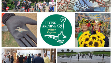 Mosaic of various event images including cycling, archaeology, architectural art exhibition.