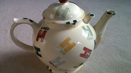 A large decorated tea-pot with the Heritage Open Days 'H' Open logo prints