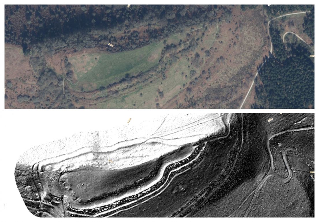 Two image showing the same area of land. One an aerial photograph, the other LiDAR, which shows the impressions and changes in the land overtime.