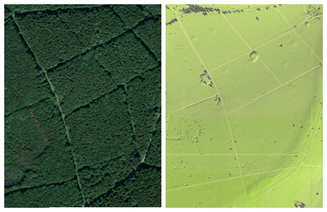 Two image showing the same area of land. One an aerial photograph, the other a laser scan which shows what a forest of trees can hide. 