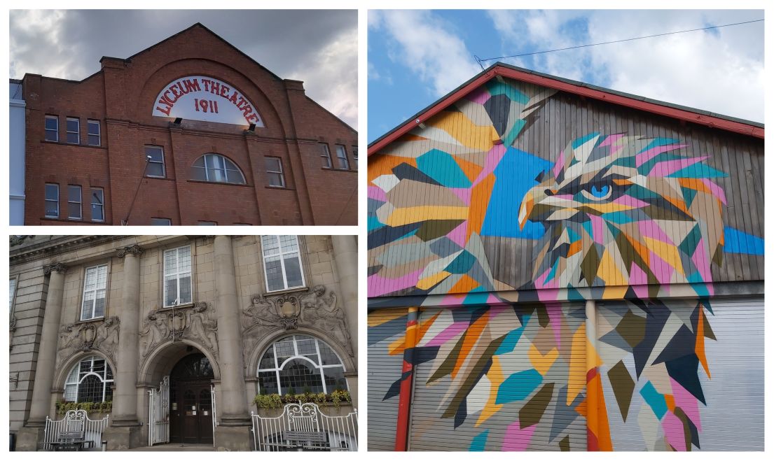 Collage of three photos: brick fronted building; stone carved building; graffiti art of an eagle on a garage like building.