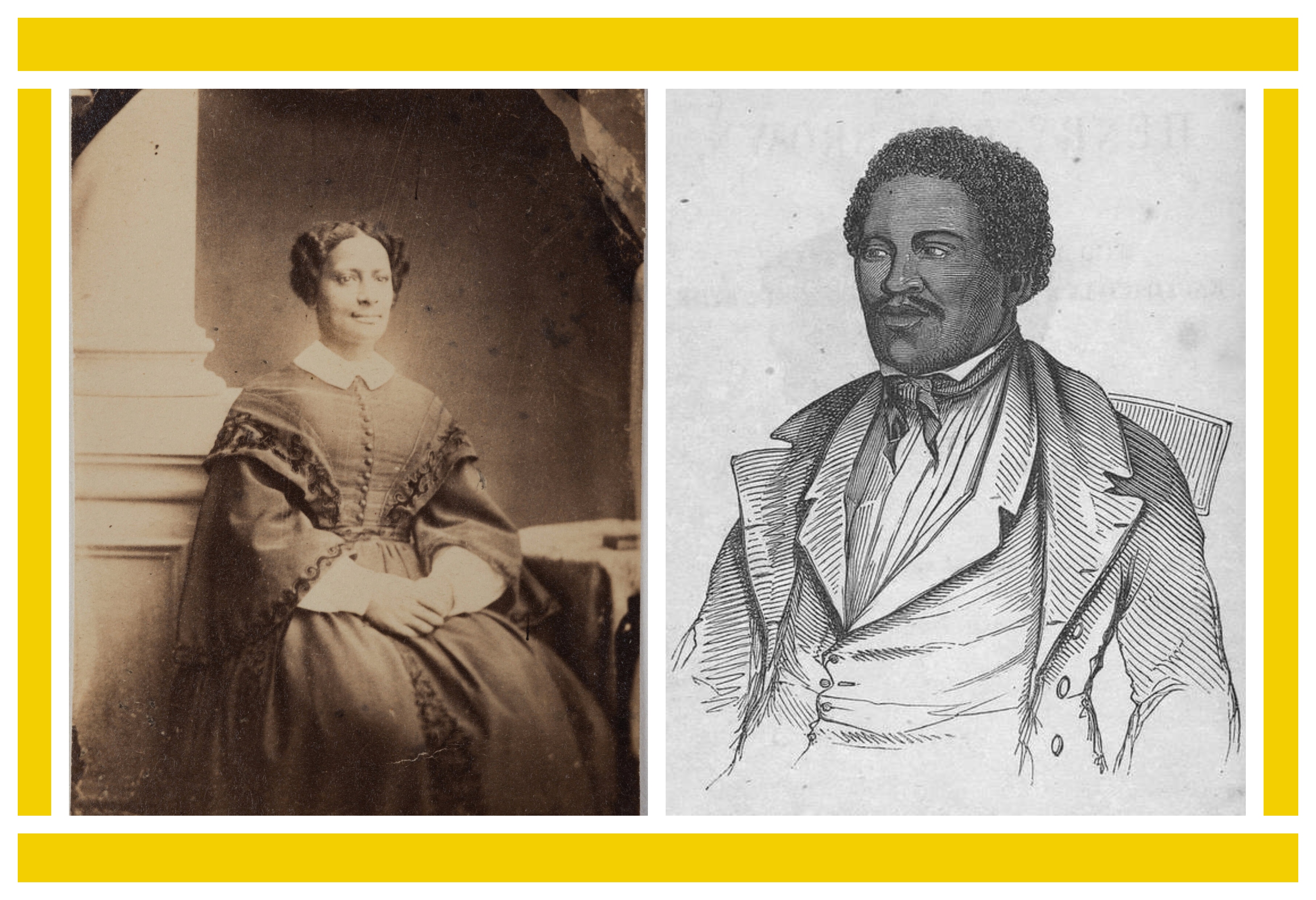 Two images: Photograph of black Victorian woman, seated. Illustration of black Victorian man.