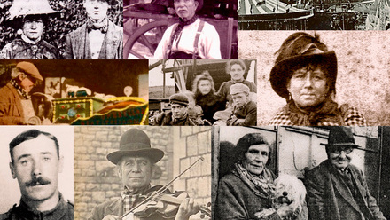 Mosaic of old photographs of people, several in hats, one playing a fiddle, another holding a dog.