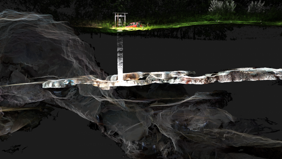 A 3D computer created image of a mine, showing the entrance at the top and it's intricate underground tunnel system.