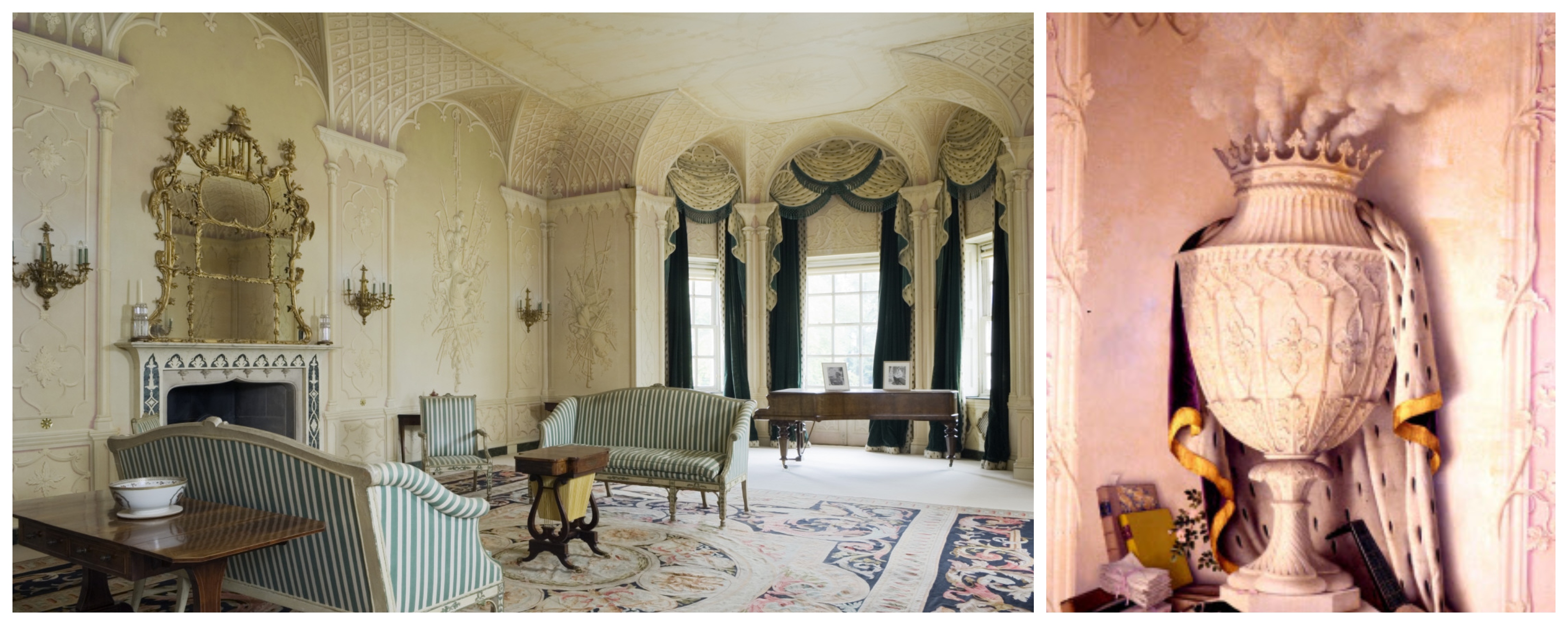 1. Interior of a grand room with striped satin chairs, that looks to have ornate alcoves and ceiling. 2. Detail of a painted smoking urn.